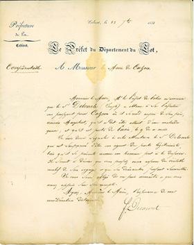 Courrier adressé par le Préfet du Lot au Maire de Cahors, 23 septembre 1833